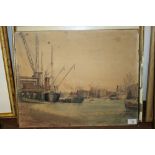 AN UNFRAMED WATERCOLOUR DEPICTING A BUSY HARBOUR SCENE SIGNED DONALD FRAZER 1957