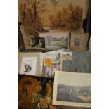 A FOLIO OF ASSORTED PICTURES AND PRINTS TO INCLUDE SIGNED WATERCOLOURS OILS ETC.