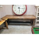 A LARGE ANTIQUE OAK REFECTORY STYLE TABLE L 230 W 81 CM