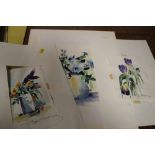 THREE INDISTINCTLY SIGNED STILL LIFE STUDY WATERCOLOURS TOGETHER WITH A RUSSELL FLINT PRINT (4)
