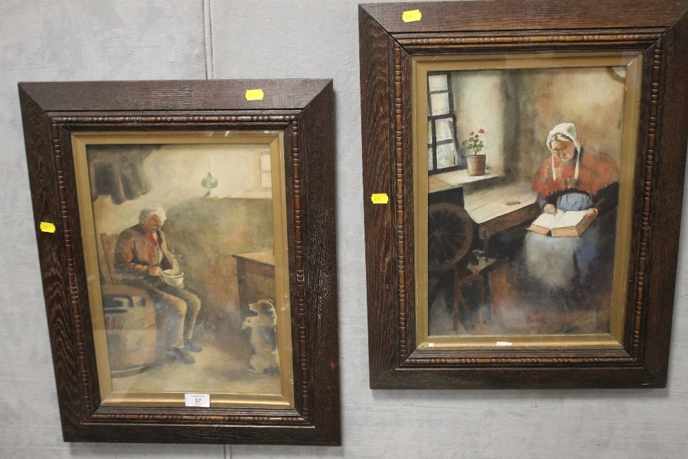 A PAIR OF OAK FRAMED WATERCOLOURS OF SEATED FIGURES - ONE INITIALED EJ 1917