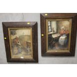 A PAIR OF OAK FRAMED WATERCOLOURS OF SEATED FIGURES - ONE INITIALED EJ 1917