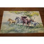 AN UNFRAMED WATERCOLOUR DEPICTING GALLOPING HORSES IN A COUNTRY SETTING INDISTINCTLY SIGNED LOWER