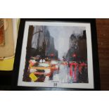 A MODERN FRAMED OIL ON BOARD ENTITLED 'NEW YORK SQUARE - RAIN' BY PAUL MITCHELL