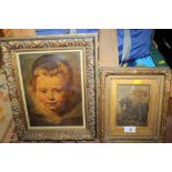 A 19TH CENTURY OIL DEPICTING A WOODLAND PATH A/F AND A GILT FRAMED PRINT DEPICTING A PORTRAIT OF A