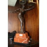 A LARGE BRONZED CHIPARUS TYPE ART DECO FEMALE FIGURE ON A MARBLE BASE