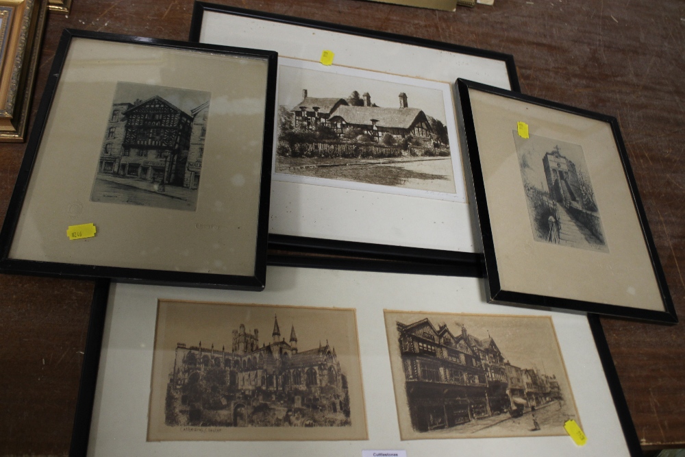 FOUR VINTAGE ENGRAVINGS OF BUILDINGS TO INCLUDE A SIGNED EXAMPLE