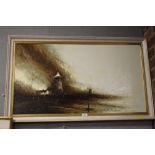 DAVID CARTWRIGHT - AN LARGE FRAMED OIL ON CANVAS STORMY LANDSCAPE DEPICTING WINDMILLS, SIGNED