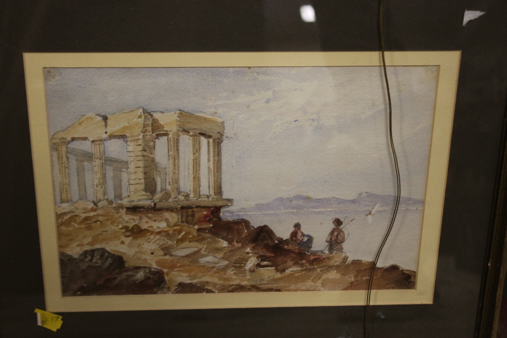 A DOUBLE SIDED WATERCOLOUR DEPICTING ANCIENT RUINS AND A TOWN SCENE