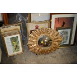 A COLLECTION OF ASSORTED PICTURES AND MIRRORS TO INCLUDE A GILT FRAMED CONVEX MIRROR, PAINTED MIRROR