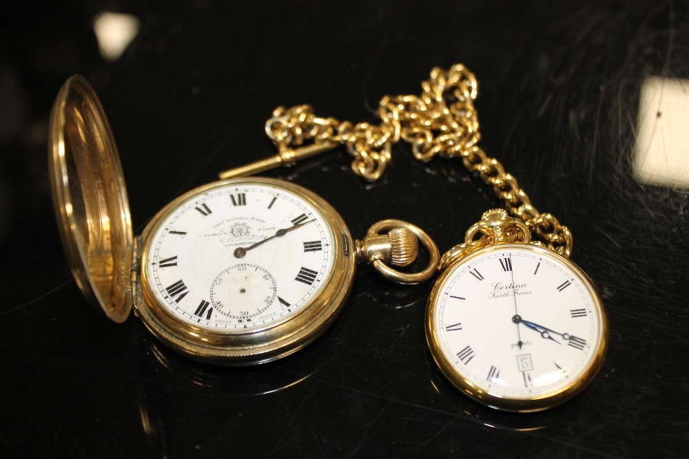 A GOLD PLATED FULL HUNTER POCKET WATCH TOGETHER WITH ANOTHER