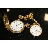 A GOLD PLATED FULL HUNTER POCKET WATCH TOGETHER WITH ANOTHER