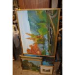 A LARGE FRAMED OIL ON BOARD DEPICTING A LAKESIDE SCENE SIGNED LYNCH TOGETHER WITH A SELECTION OF