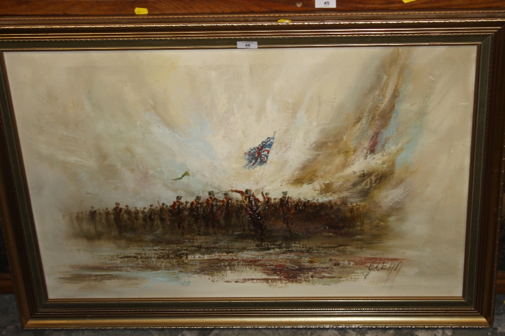 A MODERN IMPRESSIONIST OIL ON CANVAS OF AN ARMY ON HORSEBACK ON THE CHARGE