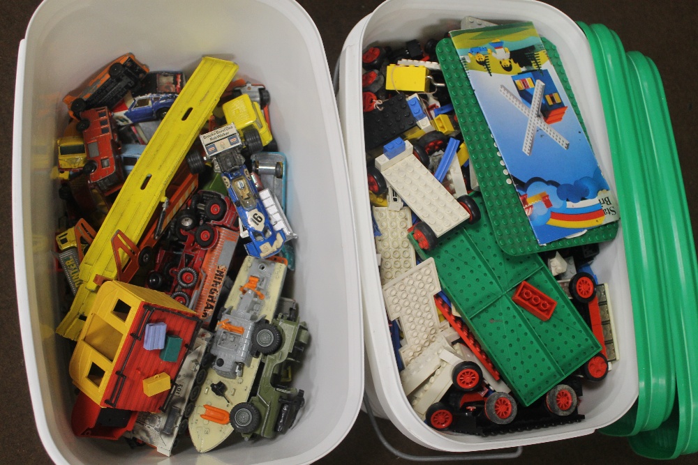 A BOX OF LEGO TOGETHER WITH A BOX OF TOY CARS TO INCLUDE CORGI ETC.