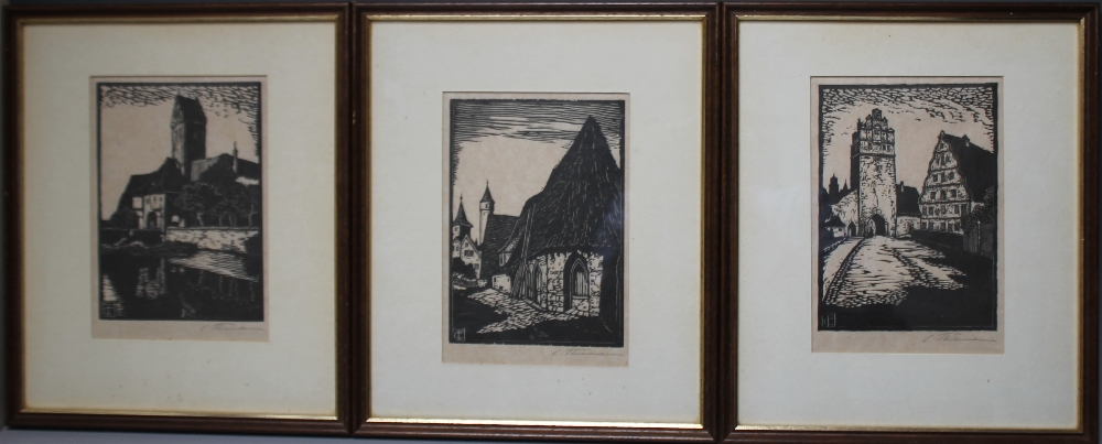 CARL THEODOR THIEMANN (1881-1966). Three Continental town scenes, signed in pencil, woodcuts, framed