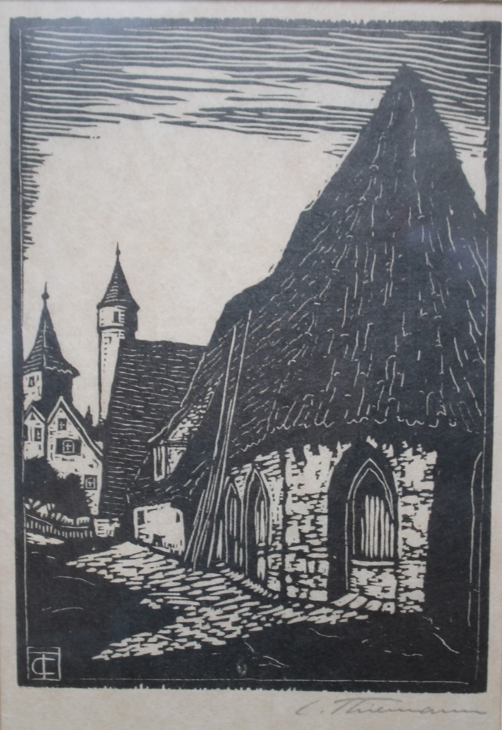 CARL THEODOR THIEMANN (1881-1966). Three Continental town scenes, signed in pencil, woodcuts, framed - Image 3 of 4