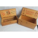 TWO VINTAGE PINE "TEACHERS" WHISKEY BOXES, one depicting children playing cricket, the other a