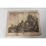 AN UN FRAMED 18TH CENTURY ENGRAVING TITLED 'LES MARCHANDS FORAINS' DEPICTING MERCHANTS IN A