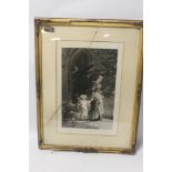 A FRAMED ENGRAVING DEPICTING A MOTHER AND CHILD OUTSIDE A CHURCH, signed in pencil Frank Dicksee