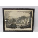 A FRAMED AND GLAZED 18TH CENTURY ENGRAVING TITLED "RIVER MANYFOLD AT WESTON MILL"