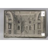 A FRAMED AND GLAZED ENGRAVING DEPICTING THE INTERIOR OF A GRAND ROOM, signed to the lower right