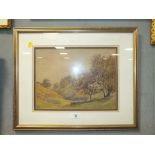 TWO FRAMED AND GLAZED COUNTRY LANDSCAPE WATERCOLOURS, ONE INITIALED HP