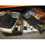 FOUR TRAYS OF ASSORTED SUNDRIES TO INCLUDE SHEET MUSIC, MUGS, VASES ETC.