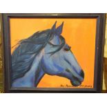 A FRAMED OIL ON BOARD OF A HORSE ENTITLED 'RUNNING BLUE' BY PAIVI MUTIKAINEN