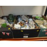 THREE TRAYS OF ASSORTED CHINA AND CERAMICS TO INCLUDE A WADE DEWAR'S WHISKY JUG