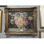 A GILT FRAMED AND GLAZED OIL PAINTING OF A FLORAL STILL LIFE BY JANET CLAY FISHER MONOGRAMMED