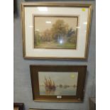 A FRAMED AND GLAZED WATER COLOUR POSSIBLY A VENETIAN SCENE OF BOATS IN THE LAGOON, INDISTINCTLY