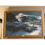 A LARGE GILT FRAMED OIL ON BOARD OF A ROCKY COASTAL SCENE SIGNED SUKBUM.H