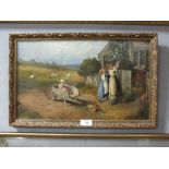 A FRAMED OIL ON BOARD DEPICTING COUNTRY COTTAGE SCENE WITH FIGURES AND GEESE
