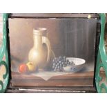 AN UNFRAMED OIL ON CANVAS STILL LIFE STUDY OF FRUIT AND A JUG INDISTINCTLY SIGNED LOWER LEFT