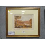 A FRAMED AND GLAZED WATERCOLOUR OF A LANDSCAPE WITH A FIGURE DRIVING SHEEP BY GEORGE BARRET JNR