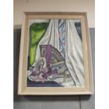 A FRAMED OIL ON CANVAS STILL LIFE STUDY OF ASSORTED OBJECTS BY MERYL WATTS