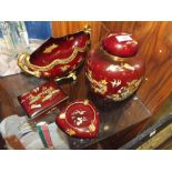 A CARLTONWARE ROUGE ROYALE TWIN HANDLED RAISED PLANTER, LIDDED GINGER JAR, TRINKET BOX AND AN