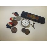 AN OPEN FACED MANUAL WIND POCKET WATCH, CORONATION TIN ETC