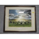 A FRAMED AND GLAZED WATERCOLOUR OF CASTLE RIGG STONE CIRCLE SIGNED K BLOOR