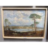 A FRAMED 19TH CENTURY TYPE OIL ON CANVAS DEPICTING COASTAL INLET WITH CATTLE AND BOATS