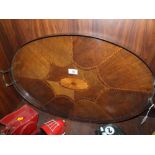 A LARGE OVAL TWIN HANDLED GALLERY TRAY WITH INLAID DECORATION, overall W 67.5 cm inc. handles