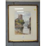 A FRAMED AND GLAZED WATERCOLOUR OF KING CHARLES TOWER - CHESTER SIGNED WILL OUTHWAIGHT