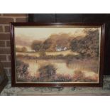 A FRAMED OIL ON CANVAS DEPICTING A RIVERSIDE COTTAGE SIGNED D HINGE