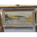 A FRAMED 20TH CENTURY OIL ON CANVAS DEPICTING A RIVER SCENE WITH JETTY INDISTINCTLY SIGNED LOWER