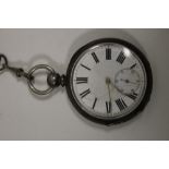 A GENTS ANTIQUE SILVER POCKET WATCH ON LEATHER STRAP