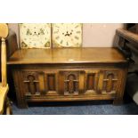 A CARVED OAK BLANKET BOX, W 114 cm