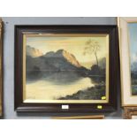 A FRAMED AND GLAZED OIL ON BOARD OF A MOUNTAINOUS LAKE SCENE ENTITLED 'BEN LOMOND' BY G.COLECLOUGH