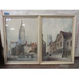 A PAIR OF FRAMED AND GLAZED STREET SCENE WATERCOLOURS BY PAUL BRADDON