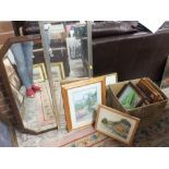 A SELECTION OF ASSORTED PICTURES AND PRINTS TO INCLUDE WATERCOLOURS TOGETHER WITH TWO MIRRORS